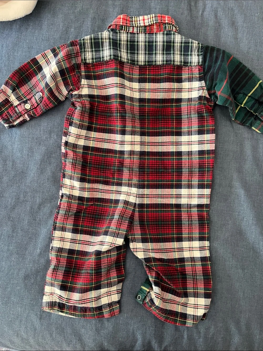 Ralph Lauren Red and Green Plaid Mixed-Pattern Baby One-Piece